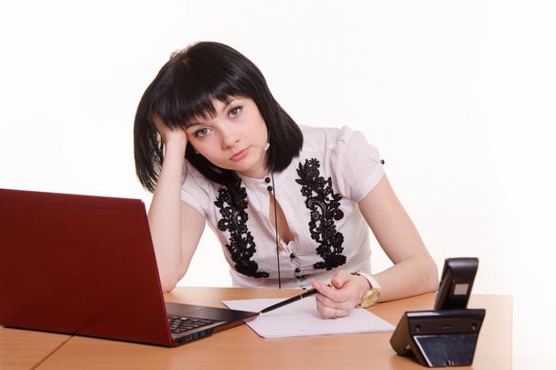 Tired worker call-center front of monitor, leaned her head on - Фото, зображення