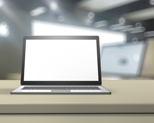 Κενό φύλλο πλαστικού s3d Laptop με κενή οθόνη στο φυλλόμορφο τραπέζι μια - Φωτογραφία, εικόνα