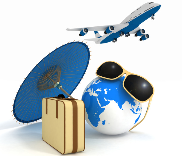 3d suitcase, airplane, globe and umbrella. Travel and vacation concept. Trendy signs - summer and journey. - Photo, Image
