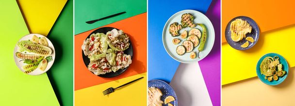 Collage de assiettes avec de savoureux légumes verts cuits sur fond de couleur - Photo, image