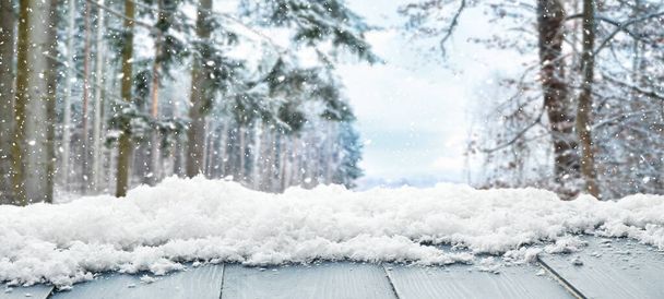 Κενό ξύλινο τραπέζι σε χιονισμένο δάσος την ημέρα του χειμώνα - Φωτογραφία, εικόνα
