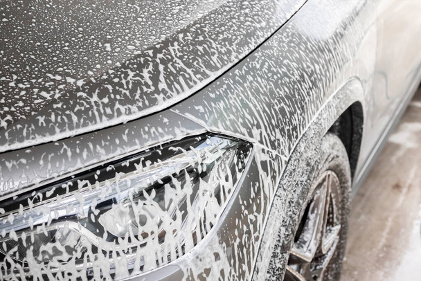 car cleaning and washing with foam soap - Foto, imagen