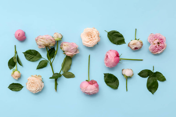 Hermosas rosas rosadas con hojas sobre fondo azul - Foto, imagen