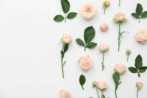 Belles roses avec des feuilles sur fond blanc - Photo, image