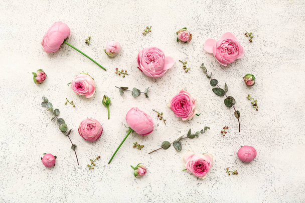 Όμορφα ροζ τριαντάφυλλα και ευκάλυπτος σε λευκό φόντο - Φωτογραφία, εικόνα