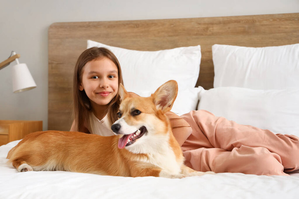 Klein meisje met schattige Corgi hond liggend in slaapkamer - Foto, afbeelding
