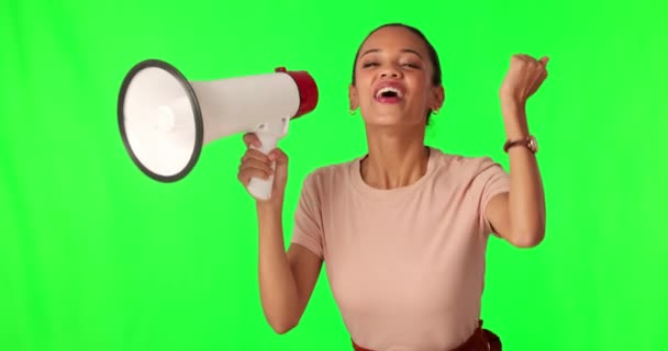 Megaphone, announcement and woman on green screen for broadcast with wow and excited for news or sale. Voice, speech and person with crazy discount, attention or retail promotion on studio background. - Footage, Video