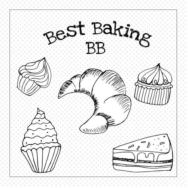 Baked pastry cakes and traditional brean food labels with frames and ribbons illustration - Vector, Image
