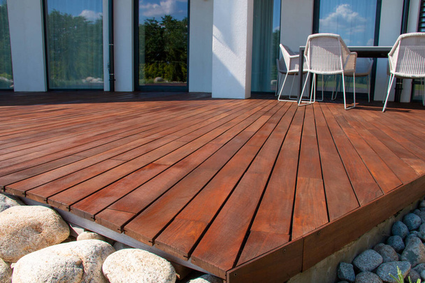 Ipe wood deck, modern house design with wooden patio, low angle view of tropical hardwood decking - Photo, Image