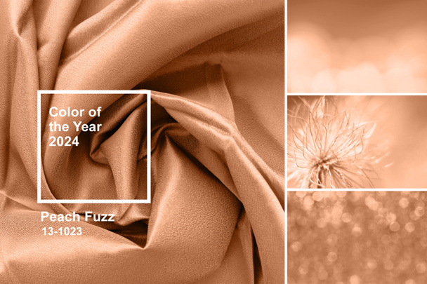 Perzik fuzz is kleur van jaar 2024. Meerdere texturen in collage afgezwakt in de mode gemengd roze-oranje trend-setting kleur van het jaar Peach Fuzz - Foto, afbeelding