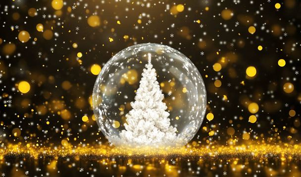 Árvore de Natal em uma bola de vidro em um fundo bokeh ouro - Foto, Imagem