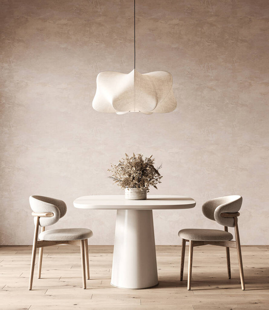 A serene dining space with a sculptural light fixture, round table, textured chairs, and a rustic vase of dried flowers. 3d render - Photo, Image