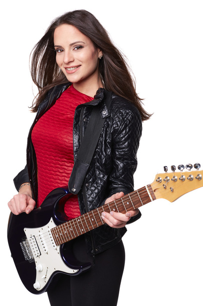 Sexy dívka s elektrickou kytaru proti Bílému pozadí. Izolovaný - Fotografie, Obrázek