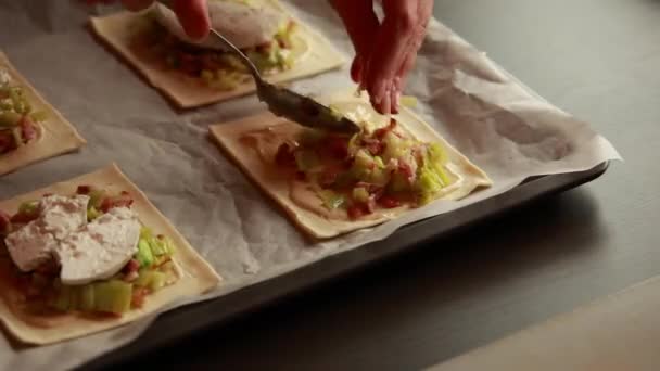 Close-Up Preparing Delight: Tart with Puff Pastry, Leek, Bacon, and Goat Cheese - Culinary Craft - Filmmaterial, Video