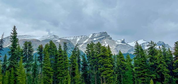 Panorama pokrytych lodowcem gór wzdłuż Maligne Lake Road w Parku Narodowym Jasper koło Jasper, Alberta Kanada w pochmurny dzień. - Zdjęcie, obraz