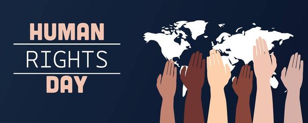 Awareness banner for Human Rights Day with many hands and world map - Vector, Image