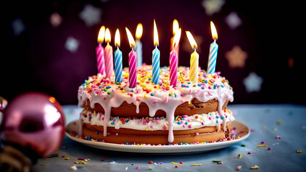 Tarta de cumpleaños con velas encendidas sobre fondo oscuro. feliz cumpleaños imágenes - Foto, imagen