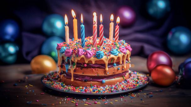 День народження торт з палаючими свічками і барвистим м'ячем на дерев'яному столі. щасливі зображення дня народження - Фото, зображення
