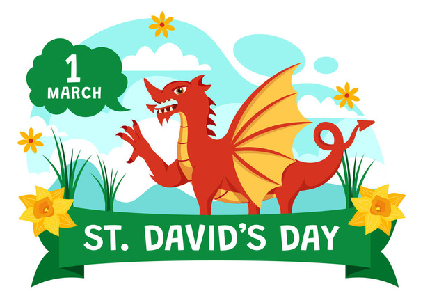 Happy St David's Day Vector Illustration on March 1 with Welsh Dragons and Yellow Daffodils in Celebration Holiday Flat Cartoon Background Design - Vector, Image