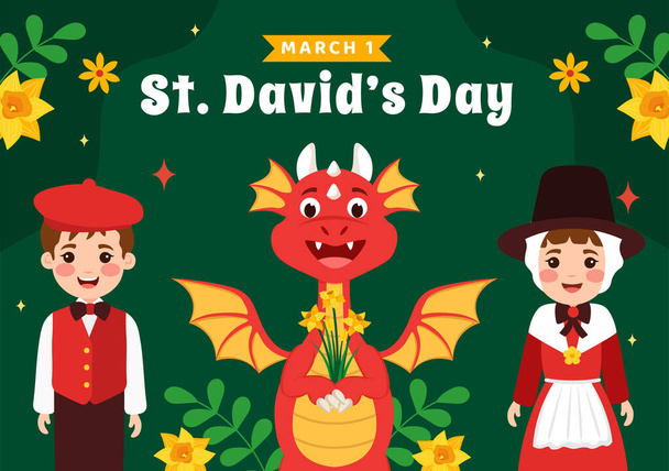 Счастливого Дня Святого Давида 1 марта с валлийскими рисунками и желтыми даффодилами в дизайне праздничного плоского мультфильма - Вектор,изображение