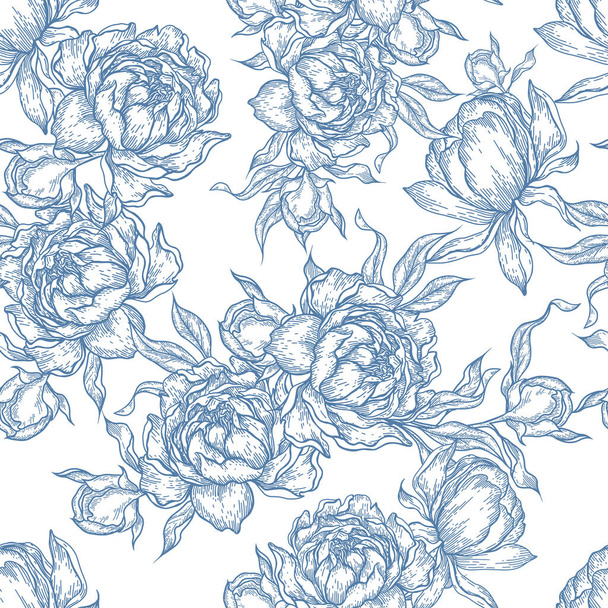Peony flower seamless pattern drawing. Vector hand drawn engrave - Vector, Image
