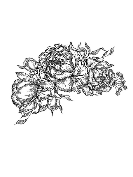 Graphic bouquet with peony and leaves. Illustration - Vector, Image