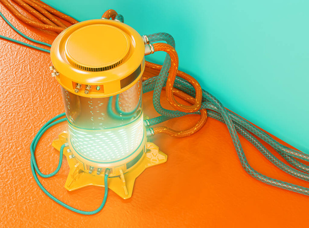 Яскраво-кольоровий футуристичний концепт науково-лабораторний кріогенний тестовий трубний апарат, заповнений рідиною та бульбашками з підключеними кабелями та гумовими трубами - 3D - Фото, зображення