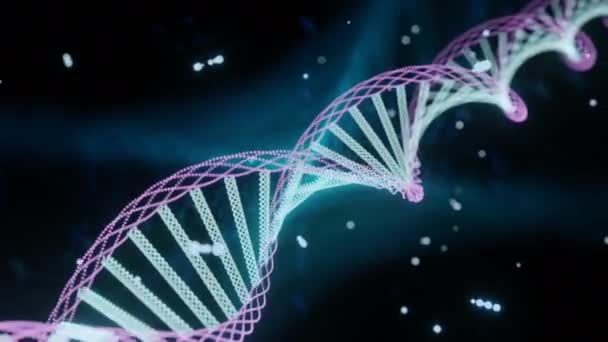 Realistisch DNA 3D dubbele helix. Ontwerp. Wetenschapsconcept, neon gloeiende spiraal, concept van menselijk leven en evolutie - Video