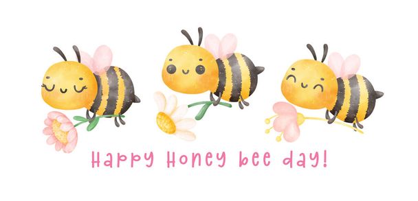 Csoport aranyos baba méz méhek virág akvarell banner rajzfilm karakter kézzel festmény illusztráció vektor. Boldog mézelő napot!. - Vektor, kép