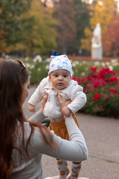 Madre che alleva un bambino di 6 mesi tra le mani fuori nel parco - Foto, immagini