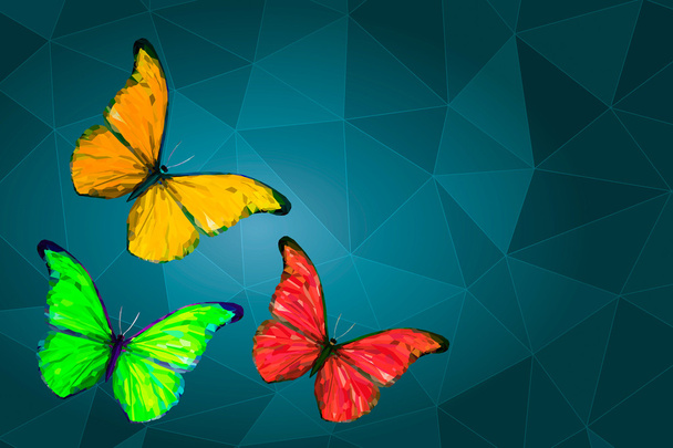 Κόκκινες, κίτρινες και πράσινες πεταλούδες σε γεωμετρικά φόντο  - Διάνυσμα, εικόνα