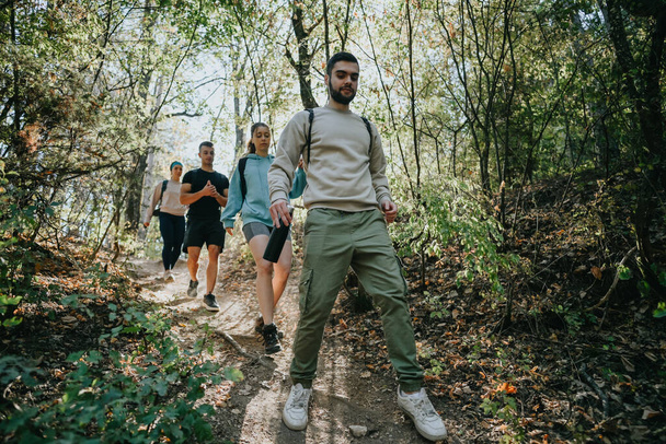 Un gruppo di amici cammina attraverso una foresta verde, godendo di una giornata di sole nella natura selvaggia. Abbracciano uno stile di vita sano, discutono argomenti diversi e si divertono. - Foto, immagini