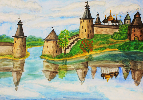 Town Pskov en Rusia, pintura dibujada a mano
 - Foto, imagen