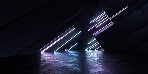 Стена с кучей бетонных блоков поверх нее неоновое освещение промышленного стиля 3D рендеринг иллюстрации - Фото, изображение