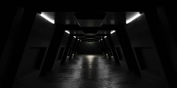 Un couloir sombre avec une lumière au bout de celui-ci 3d rendent l'illustration - Photo, image