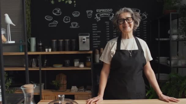Portret van een vrolijke oudere vrouw met een bril en een zwart schort achter de toonbank in de koffieshop, kijkend naar de camera - Video