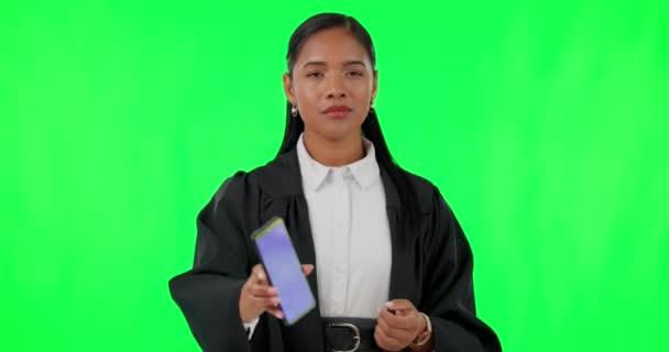 Phone, green screen and face of judge and tracking markers for show, social media or internet. Online, legal and contact with portrait of woman lawyer on studio background for technology mockup. - Footage, Video