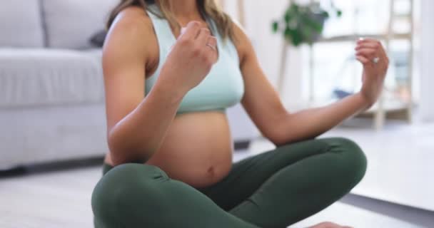 Breathing, pregnant and woman with meditation, yoga and fitness for wellness, pilates training and exercise. Home, female person or girl with workout goal, pregnancy or zen with chakra, calm or peace. - Footage, Video