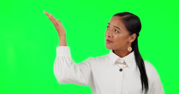 Marketing, woman with hand gesture for list promotion and in a green screen with a smile. Advertising or announcement, mockup space or option and female person pose for presentation in chroma key. - Footage, Video