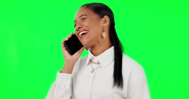 Phone call, green screen and woman talking on mobile conversation and happy isolated in a studio background. Smile, smartphone and young female person relax and calm after cellphone app service. - Footage, Video