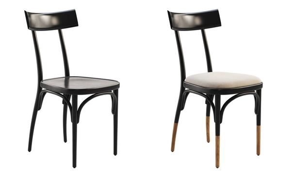 Czarny, lakierowany, drewniany fotel z miękkim siedziskiem. Drewniane solidne krzesło bukowe z oparciem na białym tle. Połowa wieku, Nowoczesne, Skandynawskie, Loft wnętrza. 3d renderowanie - Zdjęcie, obraz