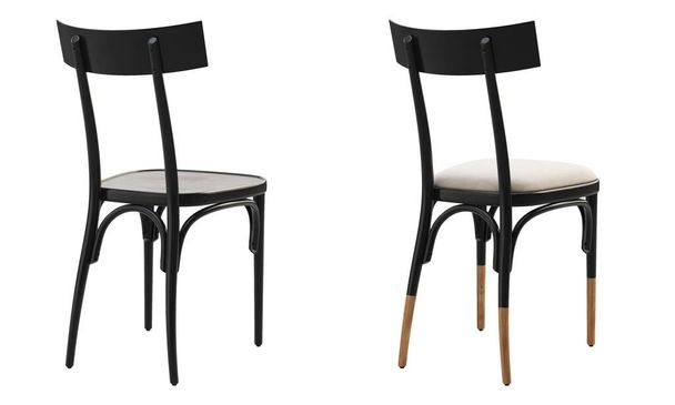 Černá lakovaná dřevěná židle s parním ohýbačem a měkkým sedadlem. Dřevěné pevné bukové křeslo s opěradlem na bílém pozadí. V polovině století, moderní, skandinávský, Loft interiér. 3D vykreslení - Fotografie, Obrázek
