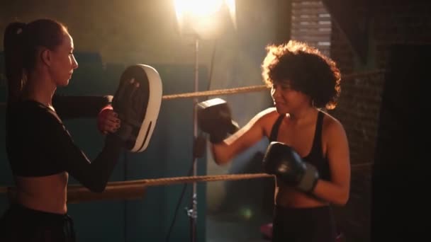 Ženská sebeobrana. Žena boxer a osobní trenér trénink v tělocvičně výuka mma fitness punching s boxerskými rukavicemi. Zdravá silná holka, která mlátí cvičné údery. Přizpůsobit tělesnému cvičení - Záběry, video