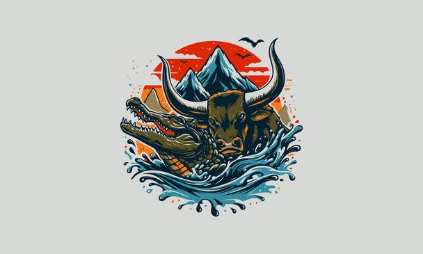 bull and crocodile on mountain vector artwork design - Vector, Image