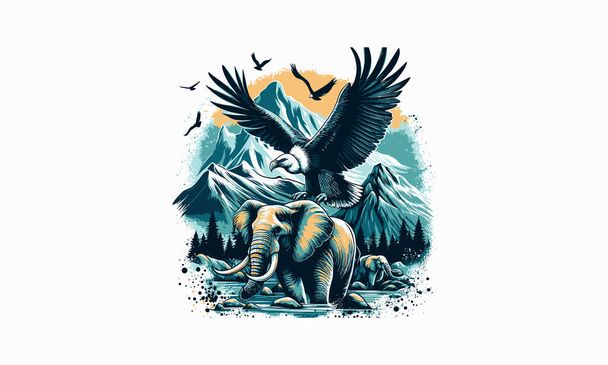 avvoltoio volante ed elefante sulla progettazione di opere d'arte vettoriale di montagna - Vettoriali, immagini
