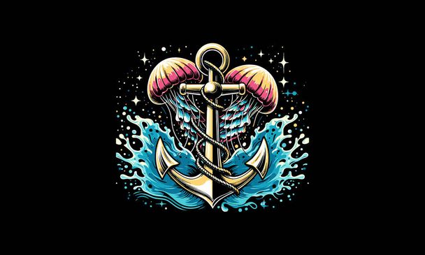 anchor with jellyfish vector illustration artwork design - Vector, Image
