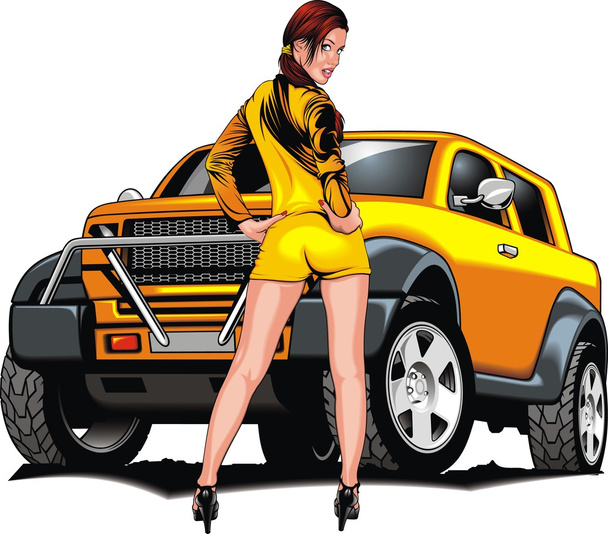素敵な女の子と私のオリジナル デザインの車  - ベクター画像