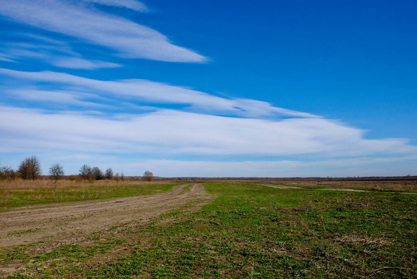 Una foto de un camino de tierra en un campo con un cielo azul. - Foto, imagen