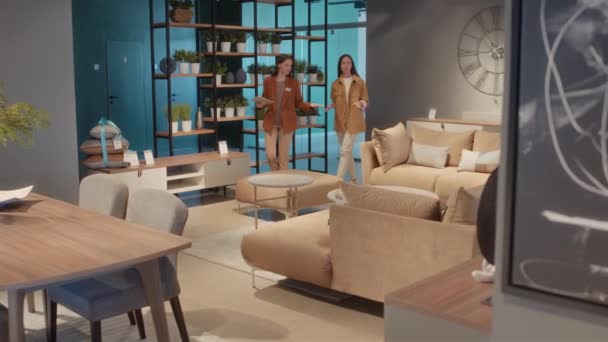 Klantenservice supervisor in meubelhandel toont haar klant mock-up van de woonkamer gemaakt in beige tinten - Video
