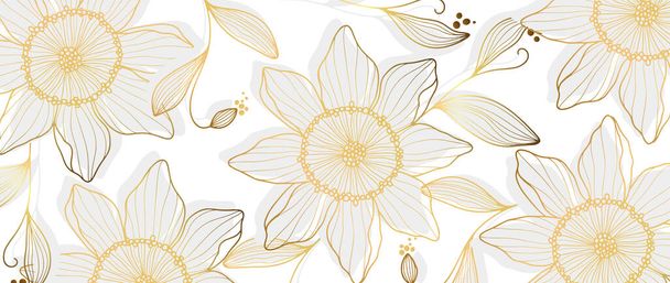 Schöner Vektor-floraler Hintergrund mit goldenen Blüten, Zweigen und Blättern. Heller Hintergrund, Poster, Banner, Blumenkarte, Cover, Druck. - Vektor, Bild